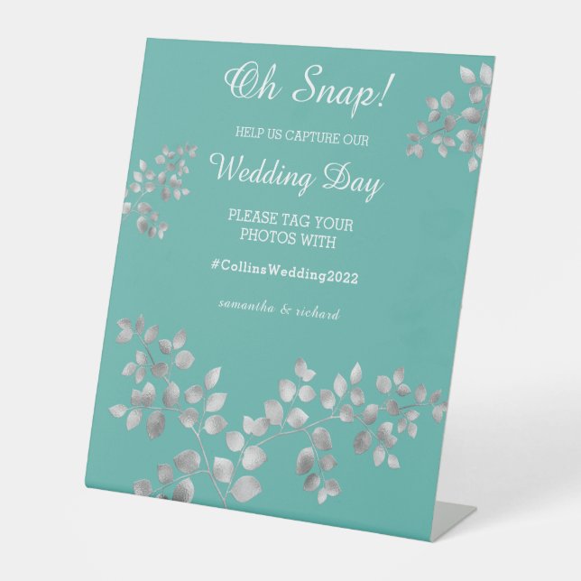 Modernes Silver Floral Wedding Pedestal Zeichen Sockelschild (Vorderseite)