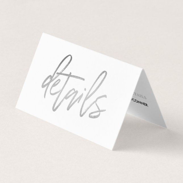 Modernes Silver Foil Script mit Foto Detail Card Visitenkarten (Vorderseite)