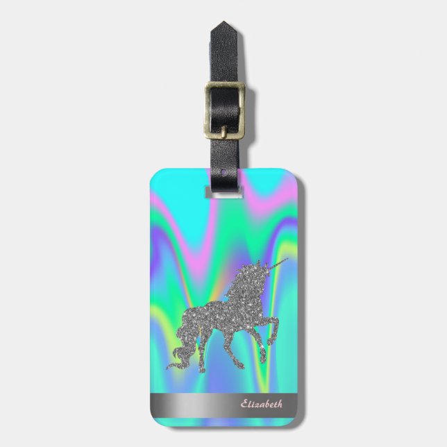 Modernes Silver Glitzer Einhorn, holografisch Gepäckanhänger (Vorderseite vertikal)