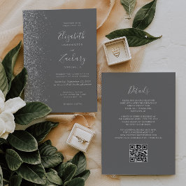 Modernes Silver Glitzer Gray QR Code Hochzeit Einladung