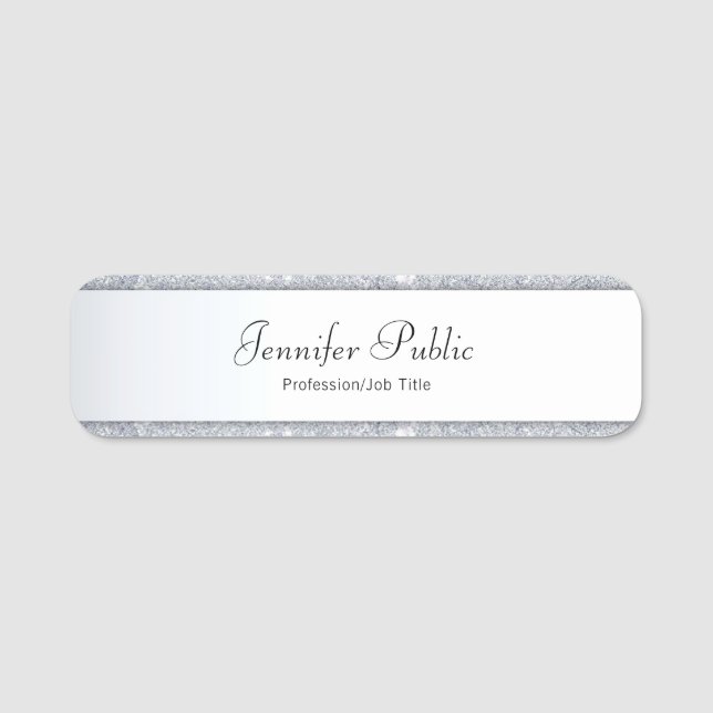 Modernes Silver Glitzer Handwriting Elegantes Skri Namensschild (Vorderseite)
