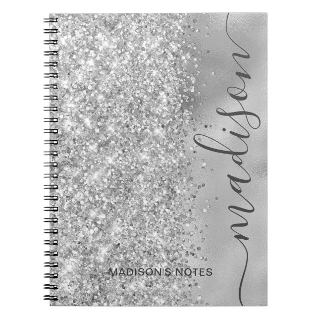 Modernes Silver Glitzer Metallic Monogram Script Notizblock (Vorderseite)