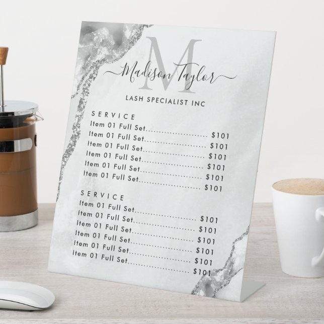 Modernes Silver Gray Glitzer Agate Marble Monogram Sockelschild (In Situ)