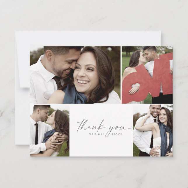 Modernes Silver Script 4 Foto Collage Wedding Dankeskarte (Vorderseite)