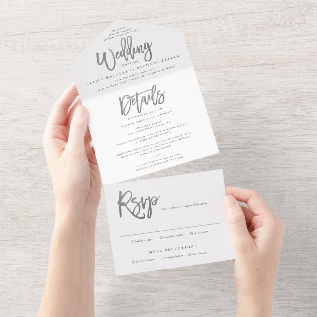 Modernes Silver Script Wedding RSVP All In One Einladung (Abreißen)