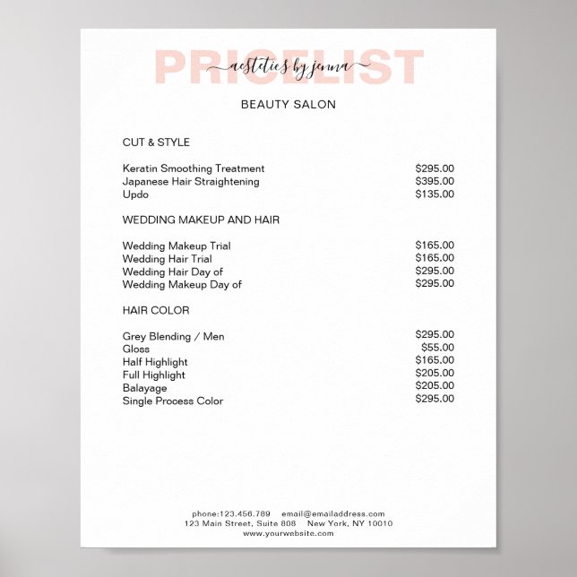 Modernes Simpel Preislisten Poster (Vorne)