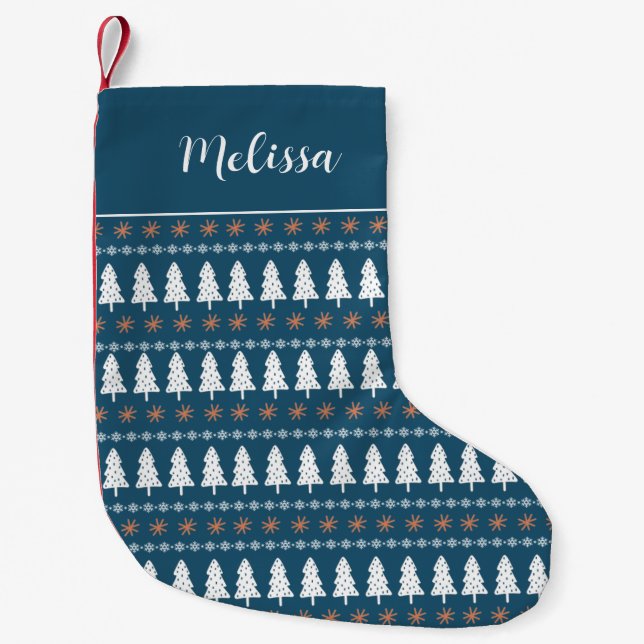 Modernes skandinavisches Weihnachtsbaummuster Blau Kleiner Weihnachtsstrumpf (Vorderseite)
