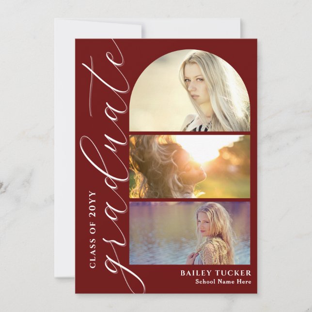 Modernes Skript 4-Foto Dark Red Arch Abschluss Dankeskarte (Vorderseite)