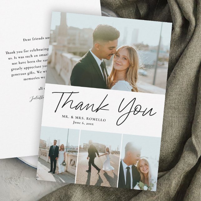 Modernes Skript Einfach 4 Foto Hochzeit Dankeskarte (Modern Script Wedding 4 Photo Thank You Cards.)