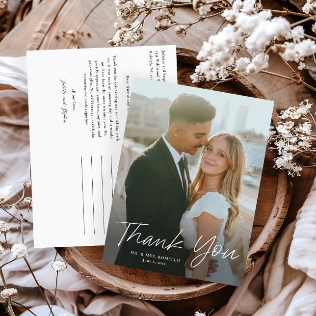 Modernes Skript Einfaches Foto Hochzeit Vielen Dan Postkarte (Modern script photo wedding thank you postcard.)