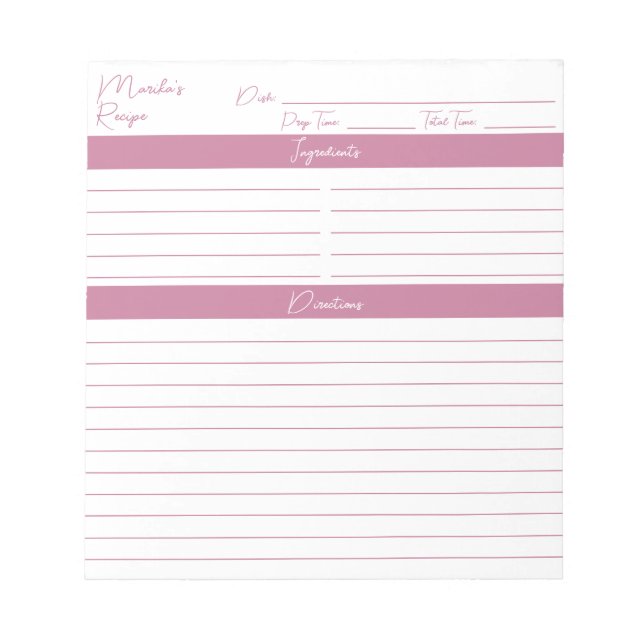 Modernes Skript Elegantes Rosa Rezepte Notizblock (Vorderseite)