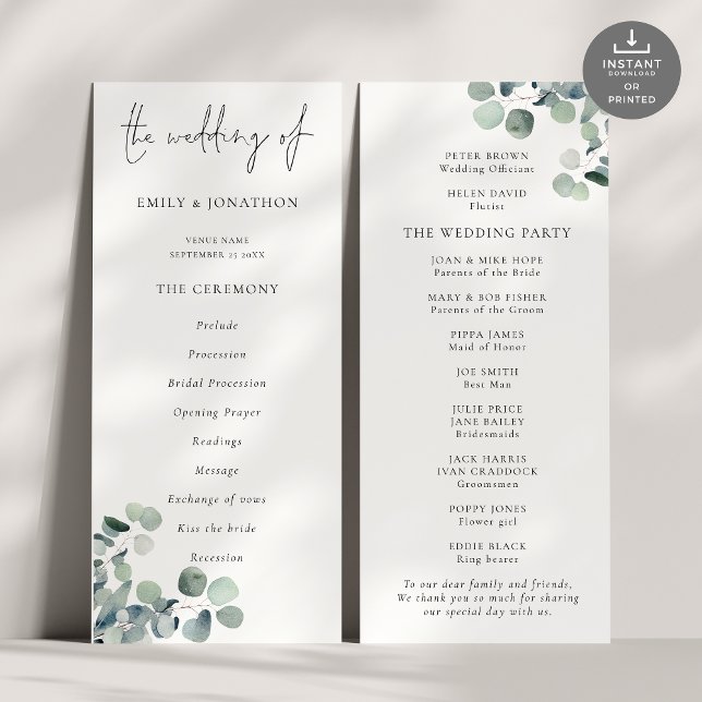 Modernes Skript-Eukalyptus-Hochzeitsprogramm Einladung (Front and back view)