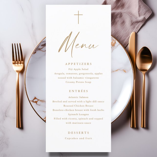 Modernes Skript-Gold-Cross-Taufmenü Programm (Modern gold script baptism menu.)