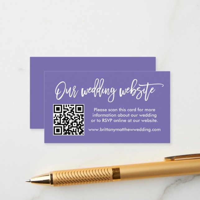 Modernes Skript Hochzeitswebsite QR Periwinkle Begleitkarte (Vorderseite/Rückseite Beispiel)