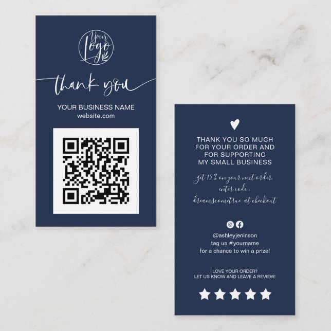 Modernes Skript QR Code Marine Blue Reihenfolge Vi Visitenkarte (Vorne/Hinten)