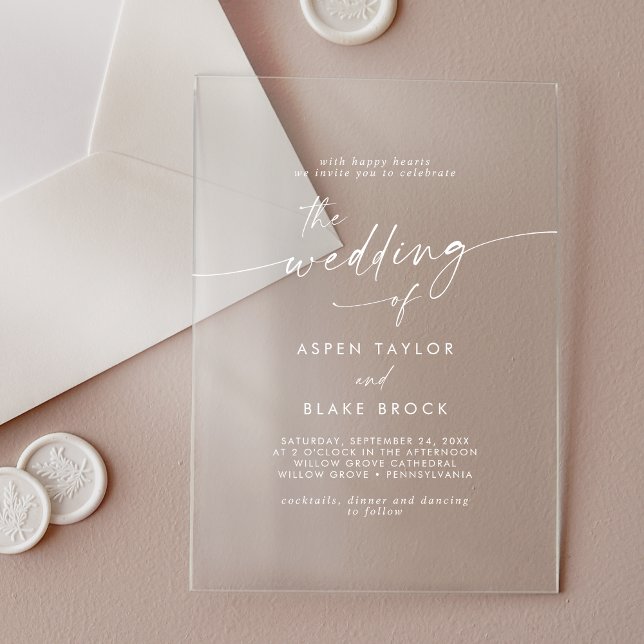 Modernes Skript White Boho Elegante Minimale Hochz Acryleinladungen (Modern Script White Boho Elegant Minimal Wedding Acrylic Invitations)
