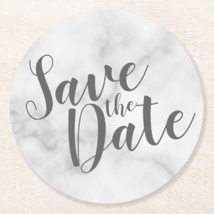 Modernes Skript White Marble Hochzeit Speichern Si Runder Pappuntersetzer