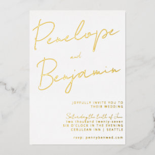 Modernes Skripthandwriting Gold und White Wedding Folieneinladung