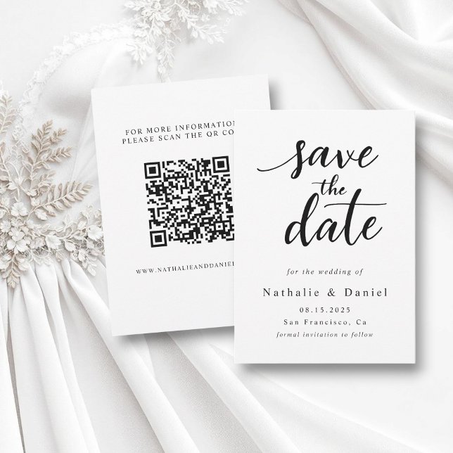 Modernes Skriptschwarz und Weiß QR-Code Hochzeit Save The Date (Von Creator hochgeladen)