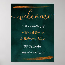 Modernes smaragdgrün und Blätter Hochzeit Willkomm Poster