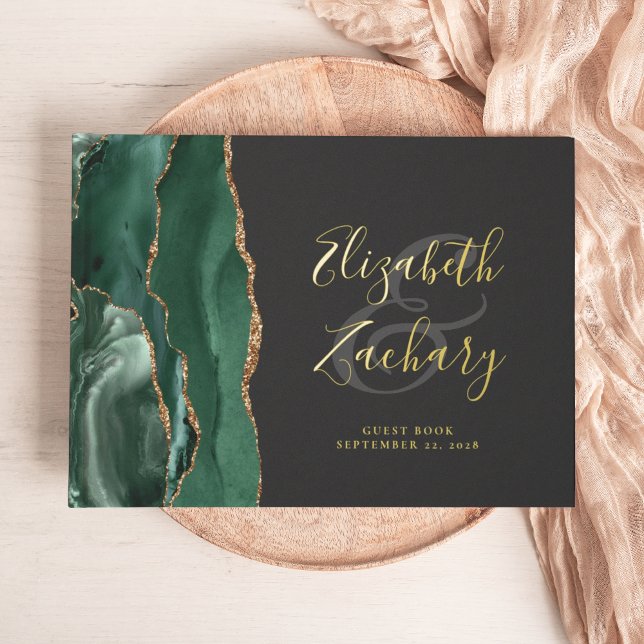 Modernes Smarald Green Agate Gold Script dunkel Gästebuch (Von Creator hochgeladen)
