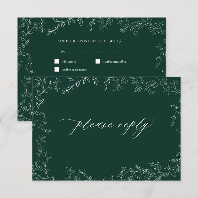 Modernes Smarald Green Elegant Leaf Wedding RSVP Karte (Vorne/Hinten)