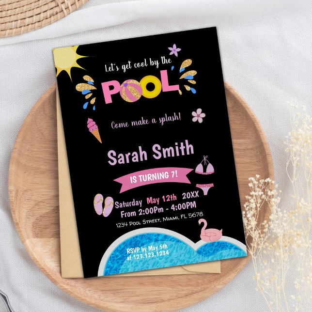 Modernes Sommerschwimmbad-Party laden ein Einladung (Purple Black Pool Birthday Invitations)