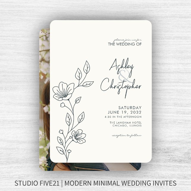 Modernes Space Gray Foliage Kontur Foto Hochzeit Einladung (Von Creator hochgeladen)