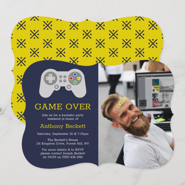 Modernes Spiel über Foto Bachelor Party Einladunge Einladung (Vorne/Hinten)