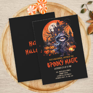 Modernes Spuk Haus Black Cat Hexe Halloween Einladung