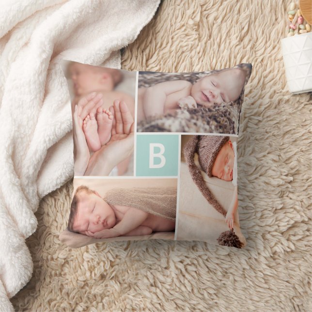 Modernes Square Grid Blue Monogram 4 Foto Collage Kissen (Decke)