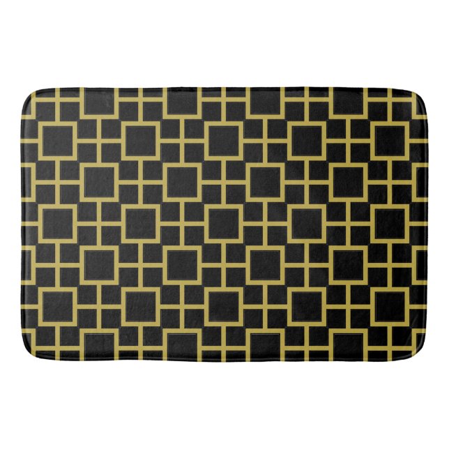 Modernes Square Pattern Gold auf schwarz Badematte (Vorderseite)
