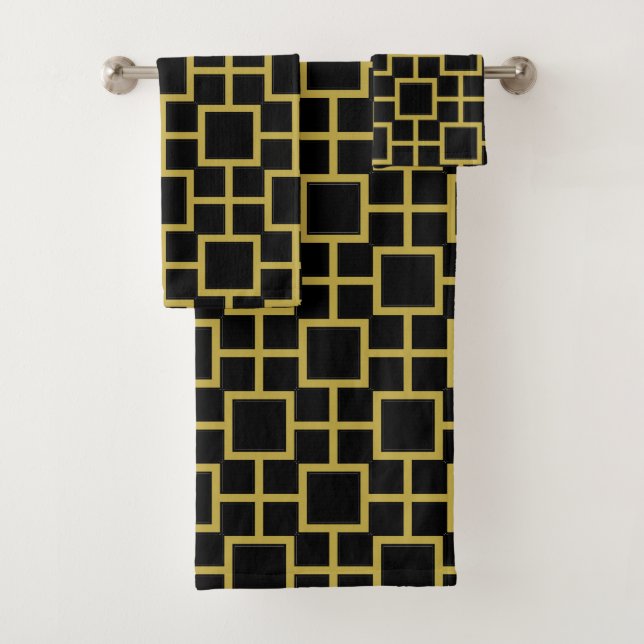 Modernes Square Pattern Gold auf schwarz Badhandtuch Set (Insitu)