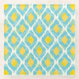 Modernes Stammes- ikat blaue gelbe Mode Glasuntersetzer