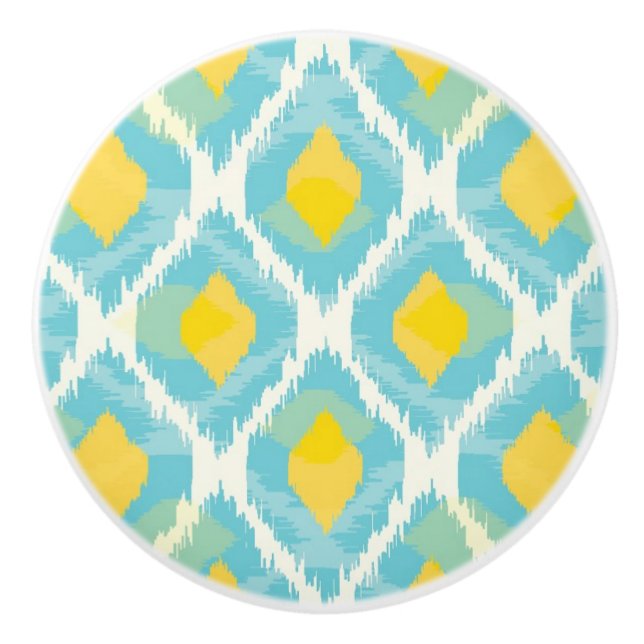 Modernes Stammes- ikat blaue gelbe Mode Keramikknauf (Vorderseite)