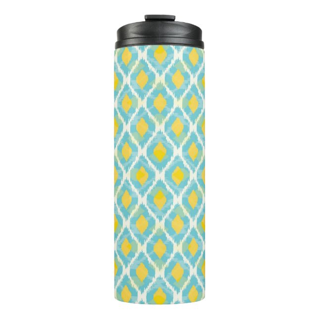 Modernes Stammes- ikat blaue gelbe Mode Thermosbecher (Vorderseite)