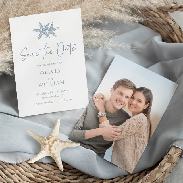 Modernes Starfish Beach Dusty Blue Foto Wedding Save The Date (Von Creator hochgeladen)