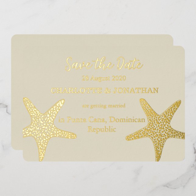 Modernes Starfish Beach Wedding Gold Folieneinladung (Vorderseite/Rückseite)