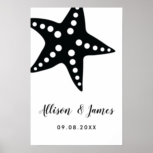 Modernes Starfish Hochzeitszeichen, schwarz Poster (Vorne)
