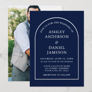 Modernes, stilvolles Arch Blue Foto Wedding Einladung