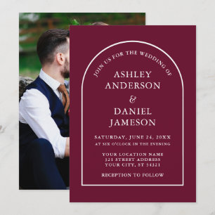 Modernes, stilvolles Arch Burgund Foto Wedding Einladung