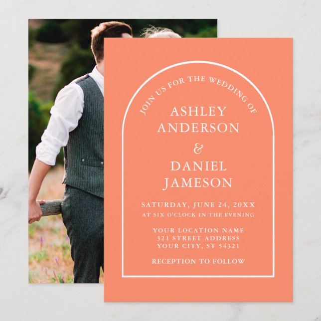 Modernes, stilvolles Arch Coral Foto Wedding Einladung (Vorne/Hinten)
