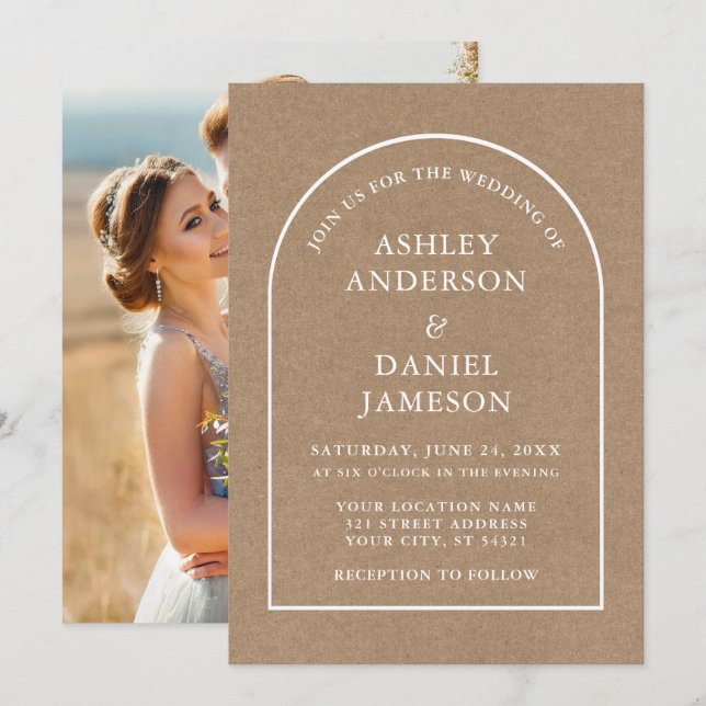 Modernes, stilvolles Arch Kraft Foto Wedding Einladung (Vorne/Hinten)