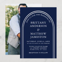 Modernes, stilvolles Arch Wedding Blue Foto Einladung