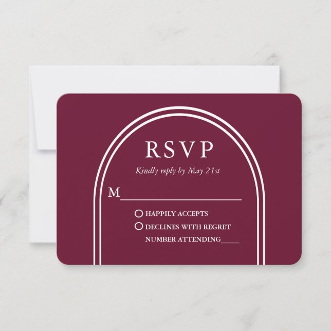 Modernes, stilvolles Arch Wedding Burgundy RSVP Karte (Vorderseite)