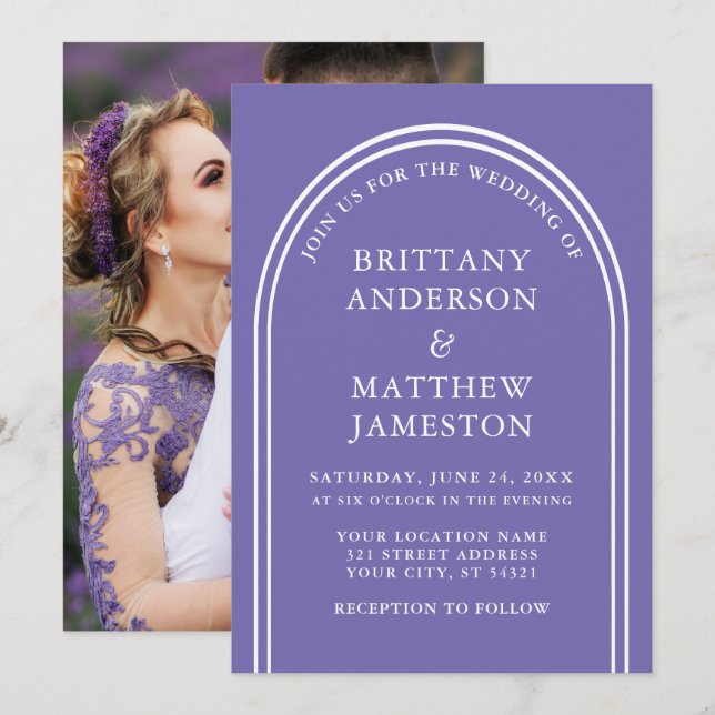 Modernes, stilvolles Arch Wedding Periwinkle Foto Einladung (Vorne/Hinten)