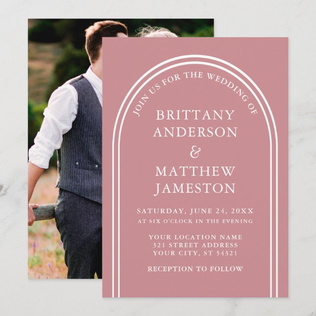 Modernes, stilvolles Arch Wedding Rose Gold Foto Einladung (Vorne/Hinten)