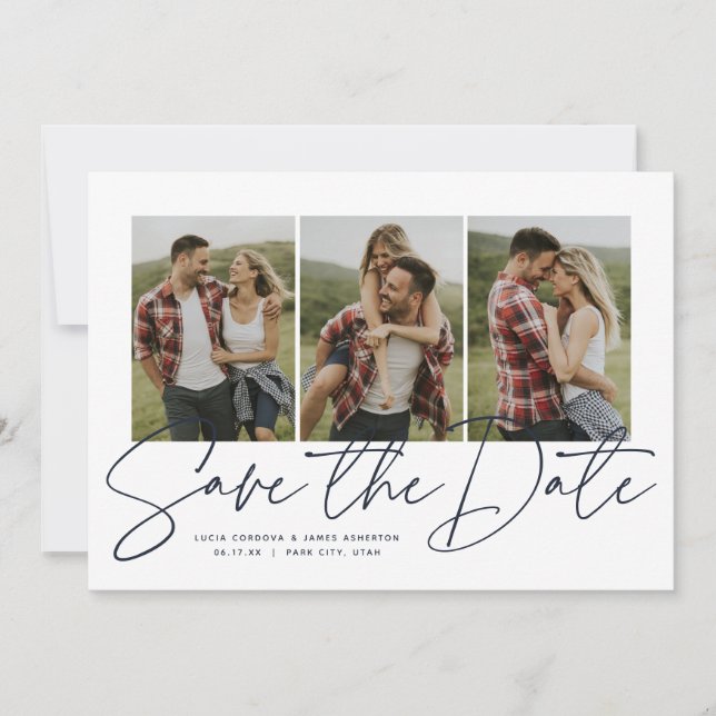 Modernes, stilvolles Drehbuch mit 3 Foto-Marinebla Save The Date (Vorderseite)