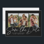 Modernes, stilvolles Drehbuch mit drei Fotos Schwa Save The Date<br><div class="desc">Mit drei senkrechten Fotos und einem modernen Drehbuch "Save the Date" ist diese Karte der perfekte Weg, um Ihre Verlobung und kommende Hochzeit zu Freunden und Familie anzukündigen. Der schicke weiße Text ist fett und modern, aber dennoch raffiniert. Der anpassbare Text auf der Vorderseite hat Platz für Namen, Datum, Ort...</div>