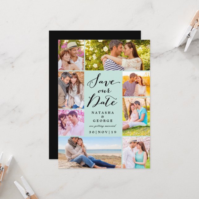 Modernes, stilvolles Script 8 Multi-Foto Save the  Einladung (Vorderseite/Rückseite Beispiel)